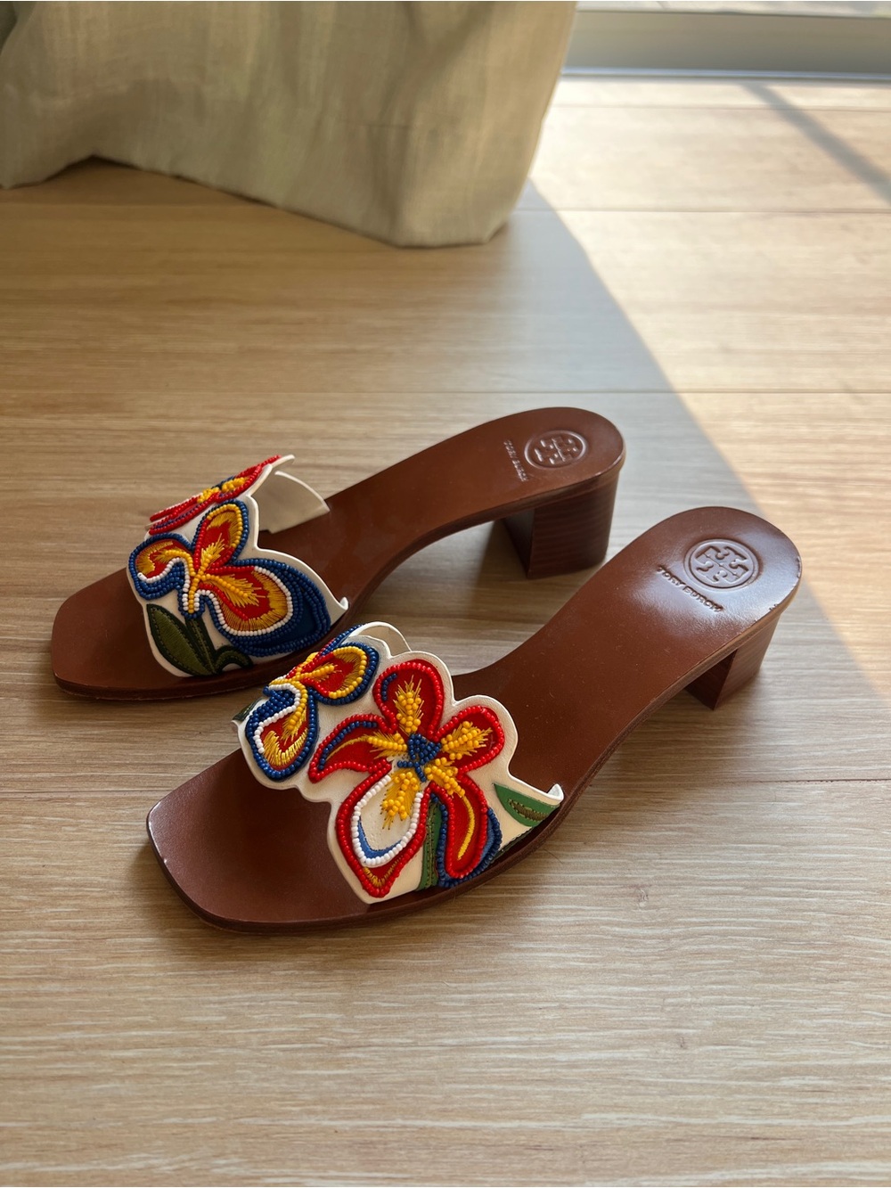 Tory Burch Bianca Leather Slide Mules with Multicolor Floral beaded Appliqué